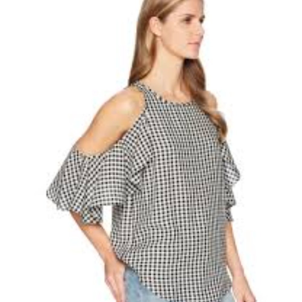 KAREN KANE Ruffle Cold Shoulder Gingham Top EUC - Picture 2 of 8
